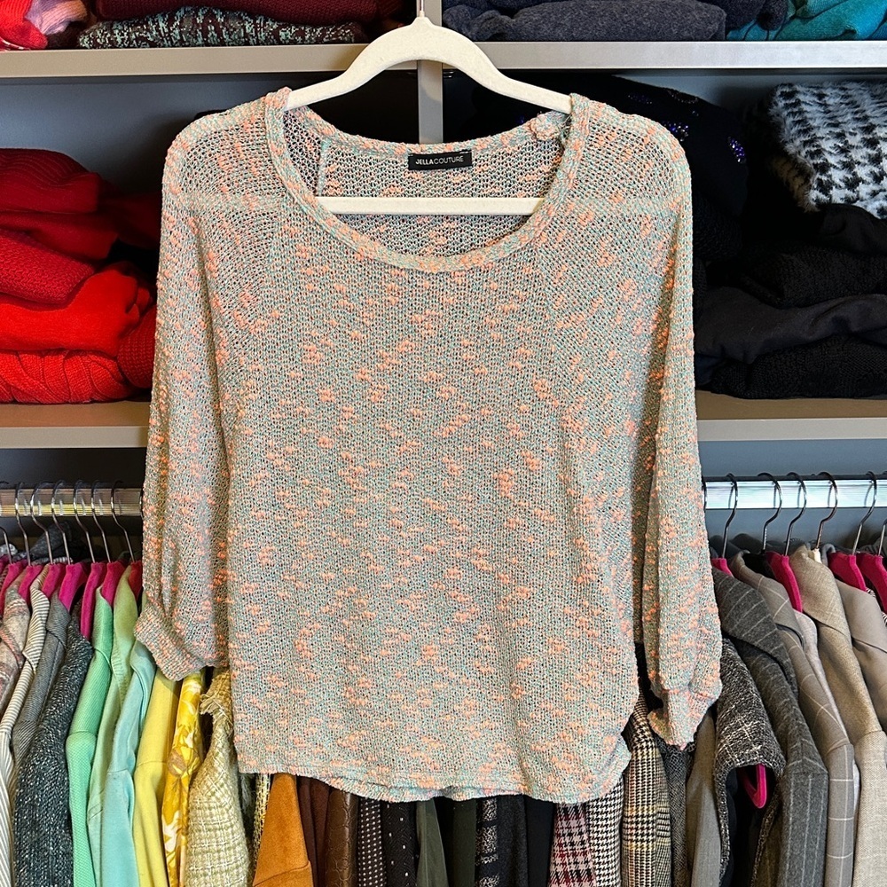 Jella Couture fluorescent orange/blue open knit 3/4 dolman sleeve sweater size S